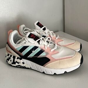 Adidas Women's White, Pink, and Black Striped Sneakers